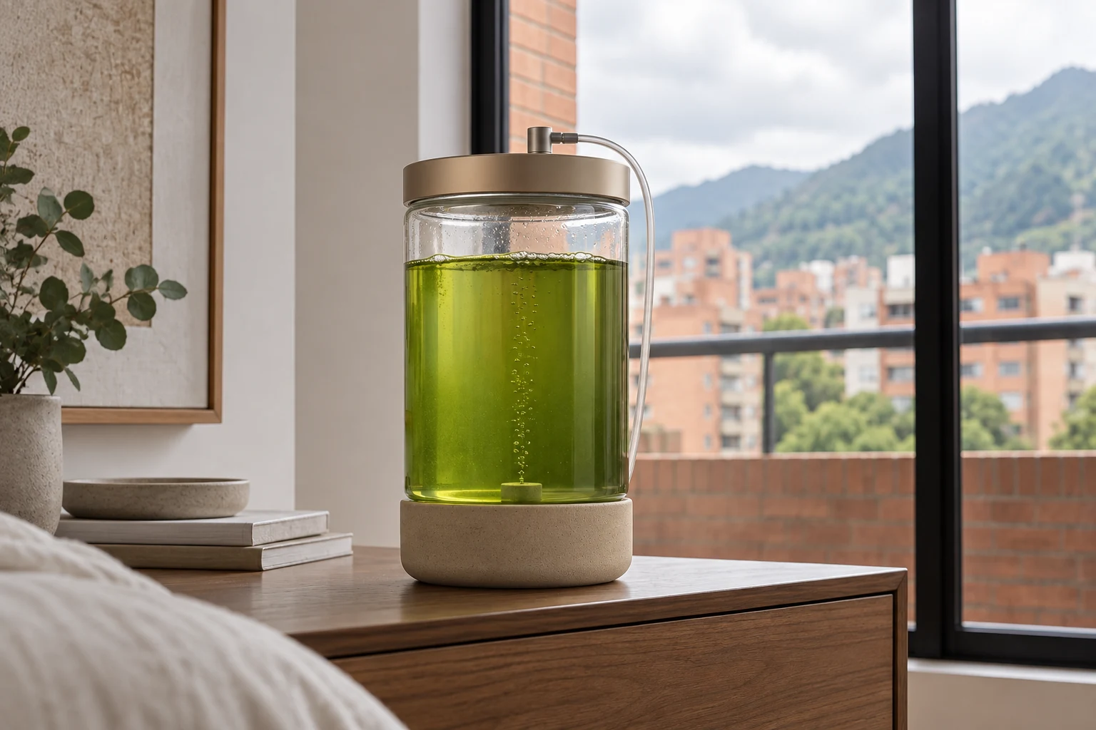 Bruma, estudio visual de una cámara transparente compacta en un ambiente arquitectónico.